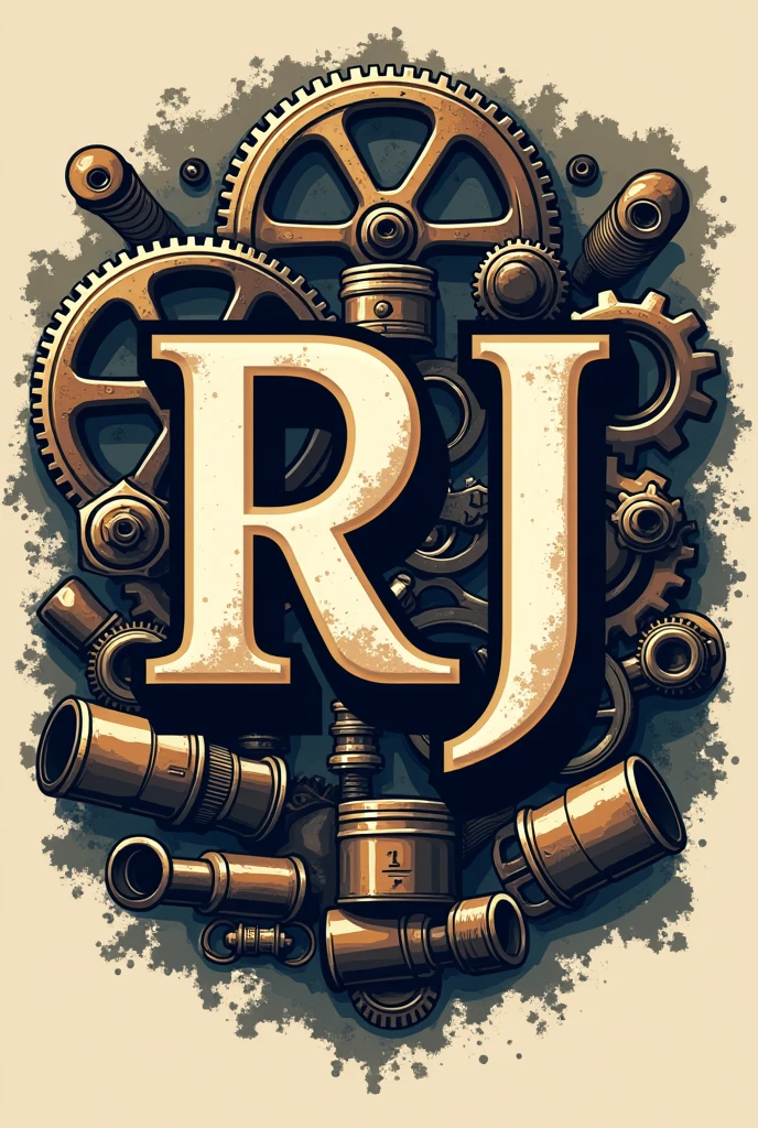 Logo written RJ and motorcycle parts in the background