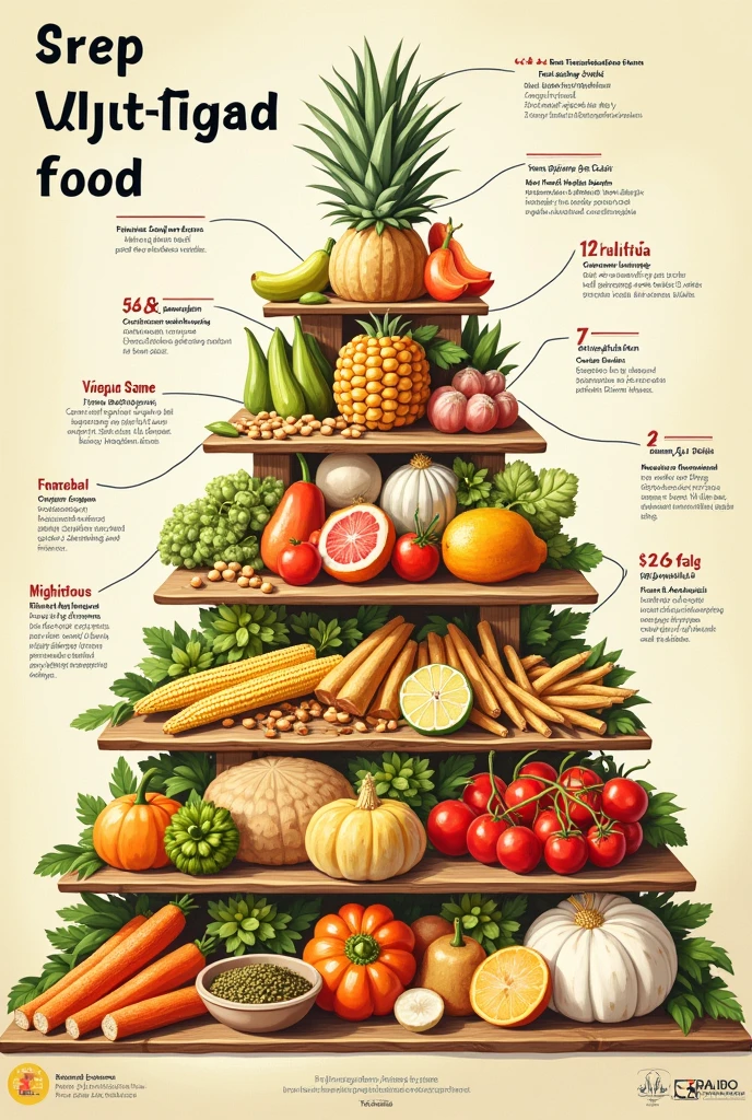 1. Traditional Peruvian Food Pyramid Definition:
The Traditional Peruvian Food Pyramid is a graphic representation of dietary recommendations based on the traditional diet of Peru.. It emphasizes the consumption of local and traditional foods that form the basis of the diet in the region..
General Objective:
Promote a balanced and healthy diet based on traditional and local foods, respecting cultural customs and available resources.
Specific Objectives:
Promote the consumption of native and traditional foods.
Reduce the incidence of diet-related diseases.
Preserve local food biodiversity.
Structure:
base (Grains and Tubers): Includes foods such as rice, corn, table, Yucca, and quinoa. These are the main source of carbohydrates and energy..
Second Level (legumes, Fruits and vegetables): A variety of legumes is recommended, fruits and vegetables to get vitamins, minerals and fiber.
Third Level (Proteins): Lean meats, fish, eggs and dairy products. These sources provide essential proteins for growth and repair..
Up (Fats and Sugars): It should be consumed in smaller quantities, preferably healthy fats and natural sugars.
Importance:
This pyramid is relevant because it promotes eating foods that are part of the traditional Peruvian diet., facilitating their acceptance and adherence.
Benefits:
Cultural Adaptation: Respecting eating habits.
Nutritional Diversity: Ensures the consumption of a varied and balanced diet.
Sustainability: Use local resources and promote sustainable agriculture.
conclusion:
The Traditional Peruvian Food Pyramid is an effective tool to promote a balanced diet that aligns with local food practices and contributes to the health and well-being of the population..

generates the image of this food pyramid.
