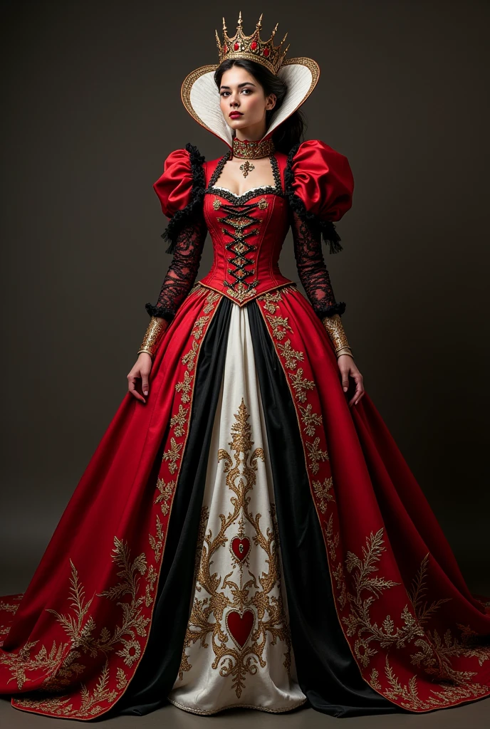 I want you to create a sketch of a dress inspired by the Queen of Hearts, with a style that mixes medieval and princess elements, suitable for a gala event. The dress will have details that refer to the theme of Alice in Wonderland, with colors characteristic of the Queen of Hearts, like red, black, white and gold and details that are simple but striking