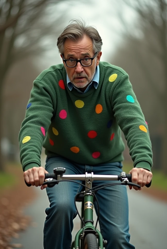 a man with glasses and a green sweater with colorful spots riding a bike, after discovering the betrayal of the old woman who eats pudding