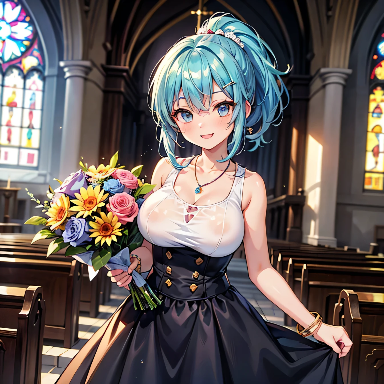 Anime Moe Art Style,Highest quality,High resolution,Anatomically correct,Mid-teens,With her light blue hair in a ponytail,Super detailed,Big Breasts,Shiny skin,Beautiful Skin,A rich expression,Bright smile,church,Holding a colorful bouquet,Sleeveless blouse,flare skirt,necklace,bracelet,hair ornaments,Eyes drawn in detail,8k