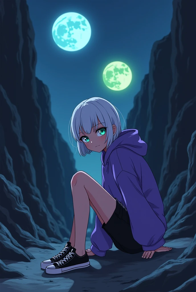 anime style, young adult woman, with blue right eye and green left eye, short white hair.
The image shows a melancholic aura.
sitting in a ravine.
He is wearing black shorts, an oversized purple hoodie and black tennis shoes.
In the background there are 2 moons( one blue and one green).