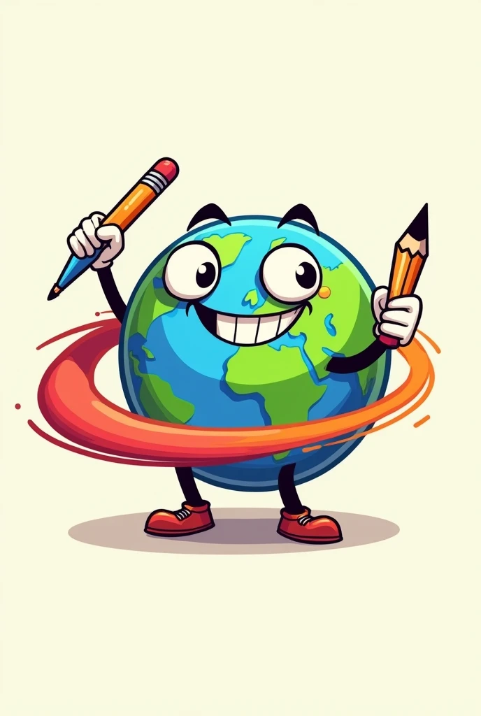 Smiling planet logo , cartoon type cuphead with a pencil making a colored stroke around him