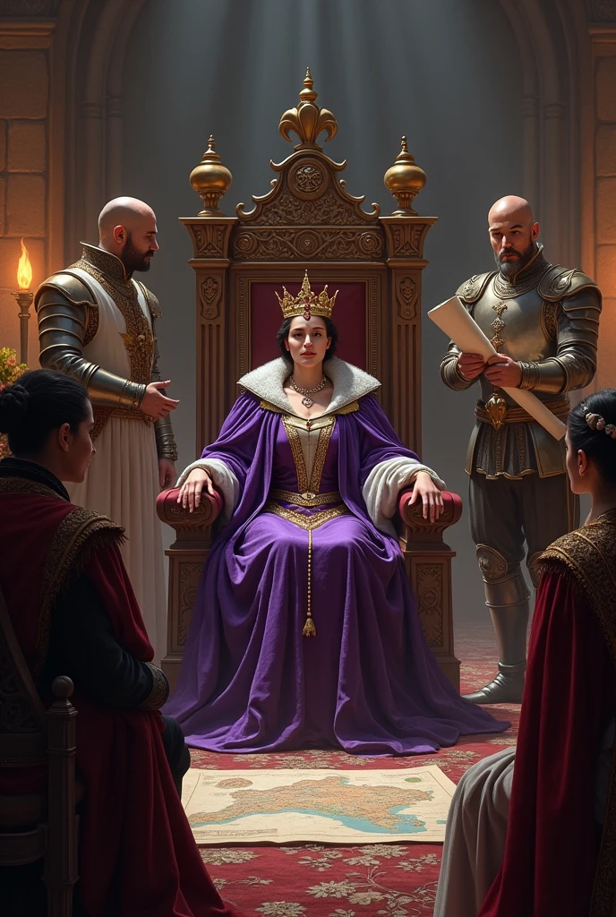 In the heart of a majestic medieval castle, the scene unfolds in a throne room lit by the dim light of torches flickering on the stone walls. The air is thick with the smell of burning wax and wood, mixed with the light scent of flowers coming from the arrangements on the side tables.
the Queen, dressed in a splendid purple velvet cloak, adorned with gold embroidery and pearls, is sitting on her carved wooden throne. your crown, rich in bright gems, rests on your head with a weight that seems both symbolic and physical. Seu olhar, of a calculated serenity, stand firm, but there is a palpable tension in his eyes that betrays an inner restlessness.
In front of her, a group of high-ranking advisers and officials are in a frenzy of activity. The Chief Advisor, a man with a gray beard and silk robes, standing, agitatedly explaining a report of an impending crisis in the kingdom. He gestures with an unrolled scroll, your words quick and full of urgency.
Beside him, the Captain of the Guard, with his shining armor, attempts to provide a military view of the situation, pointing to a map spread out on a table. His expression is serious, and he casts anxious glances at the queen, waiting for a decision.
the Queen escuta com atenção, her fingers lightly crossed on her lap, while your mind calculates the possible actions to be taken. Every word of the advisors is carefully considered. The responsibility he carries is evident in his rigid posture, but also on your face, where concern and determination are intertwined.
In a corner of the room, a young lady-in-waiting watches in silence, with a look of concern. She holds a vase of freshly arranged flowers, which contrasts with the tension of the scene. His eyes fixed on the queen show a mixture of respect and anxiety..
The atmosphere is one of heavy silence, interrupted only by the voices of the counselors and the occasional sound of torches snapping