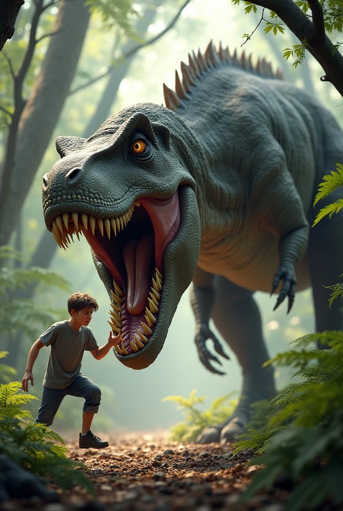 The dinosaur takes a huge bite at the boy but the boy dodges it.!