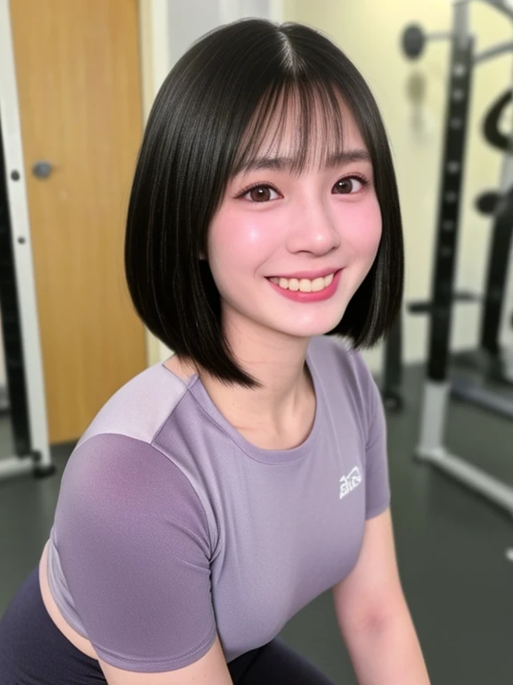 (kawaii 24 year-old Japanese girl, Nogizaka idol, Korean idol), healthy female athlete body, (glossy black hair, short hair, pixie cut, bangs:1.3), (rounded face, pure black eyes, single eyelid, no makeup, laughing:1.2), (wearing training shirt, grey sports leggings:1.3), extra small breasts, well shaped hip, (slim waist, thigh gap:0.9), BREAK, (sports gym background:1.3), (looking at viewer, dynamic angle, close shot:1.2), BREAK, (masterpiece, best quality, photo realistic, official art:1.4), (UHD, 8K quality wallpaper, high resolution, raw photo, golden ratio:1.3), (shiny skin), professional lighting, physically based rendering, award winning, (highly detailed skin, extremely detailed face and eyes, anatomically correct body), Carl Zeiss 85 mm F/1.4, depth of field, 1girl, solo,