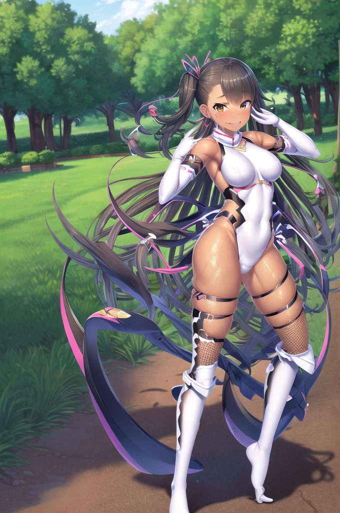 masterpiece, best quality, highres, aatsubone, long hair, one side up, hair ribbon, pink ribbon, brown eyes, turtleneck, elbow gloves, white gloves, fishnets, barefoot, Sole, outdoors, cowboy shot, crying face,NUDE,brown skin