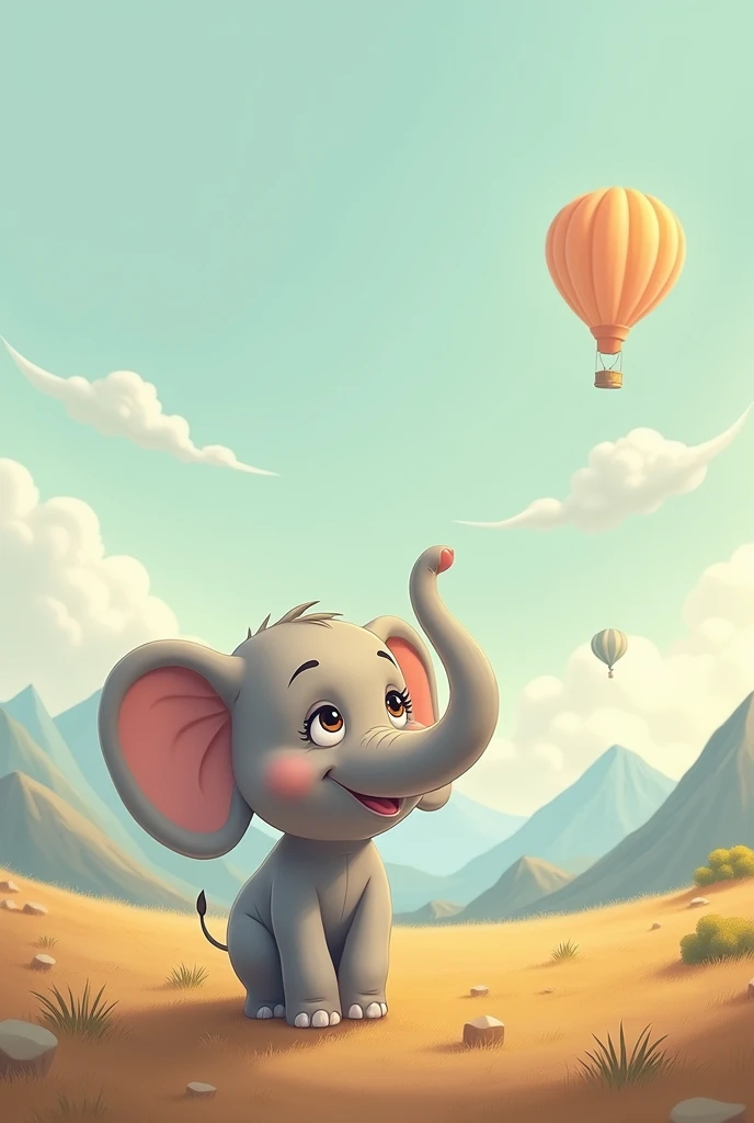 2d, Simple and cute, with gentle colors like a picture book , 8k, Highest quality,cute,Big anime eyes,An elephant gazing at the distant mountains、彼のdreamと前途の困難を象徴している(image: elephant, Distant Mountain, dream,back)