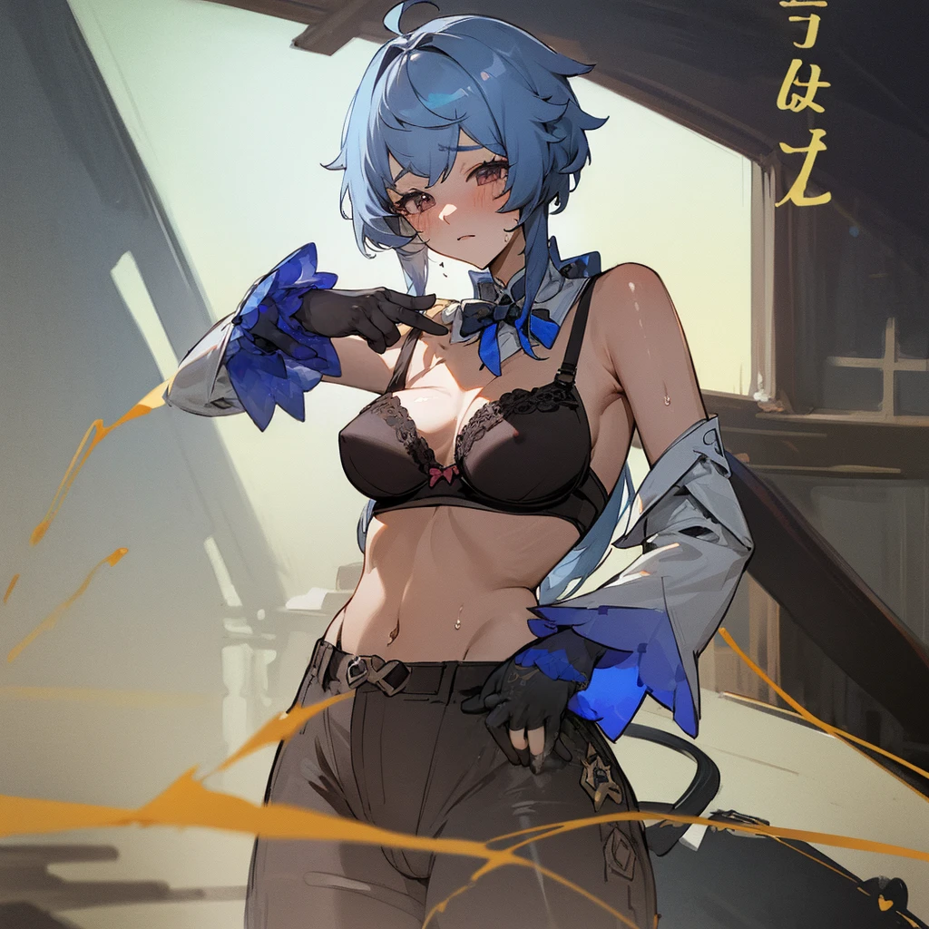 （(Highest quality))（(masterpiece))（(detailed))(nsfw）（(Highest quality))（(masterpiece))（(detailed))(Browsing Caution）(One Woman)Solo Focus　Black Bangs、黒いbra、黒いgloves、Black legwear、Black pants、Black underwear、bra、Long gloves、gloves、lingerie、Blue Hair、blush、Large Breasts、Sweat