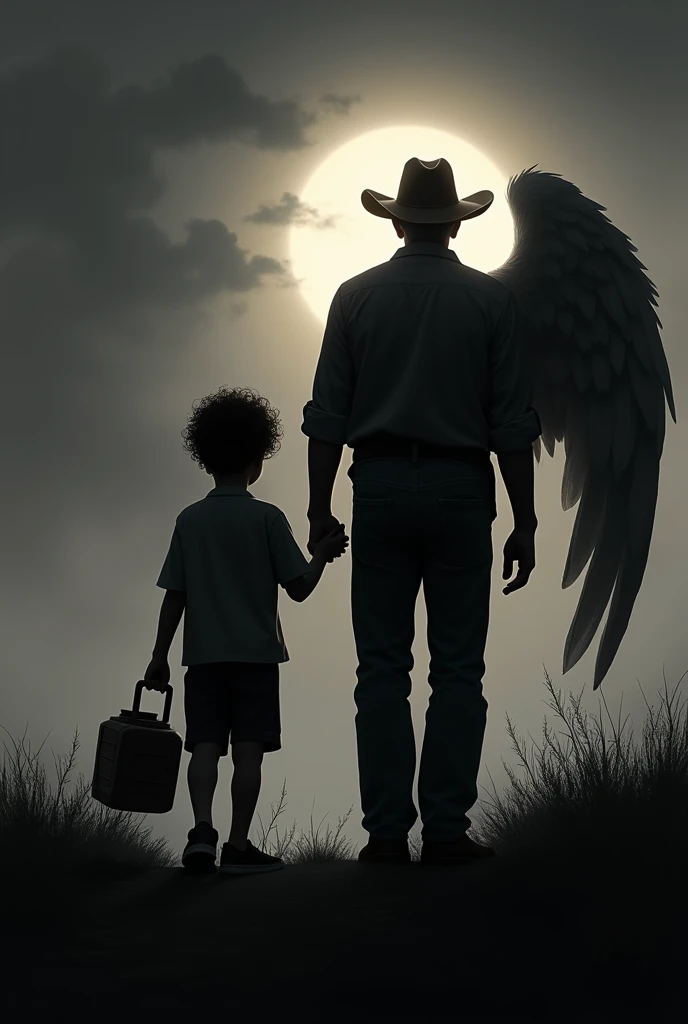 black and white silhouette, 7  boy, dark brown curly hair, He has a wooden truck in his hand. He takes his dad&#39;s hand, 70 years old, short hair, with a white cattle hat. Dad is levitating into the sky. The dad has wings, She has them stuck to her back and has an angel halo.. Dad and son stand with their backs turned looking towards the horizon., dark fantasy