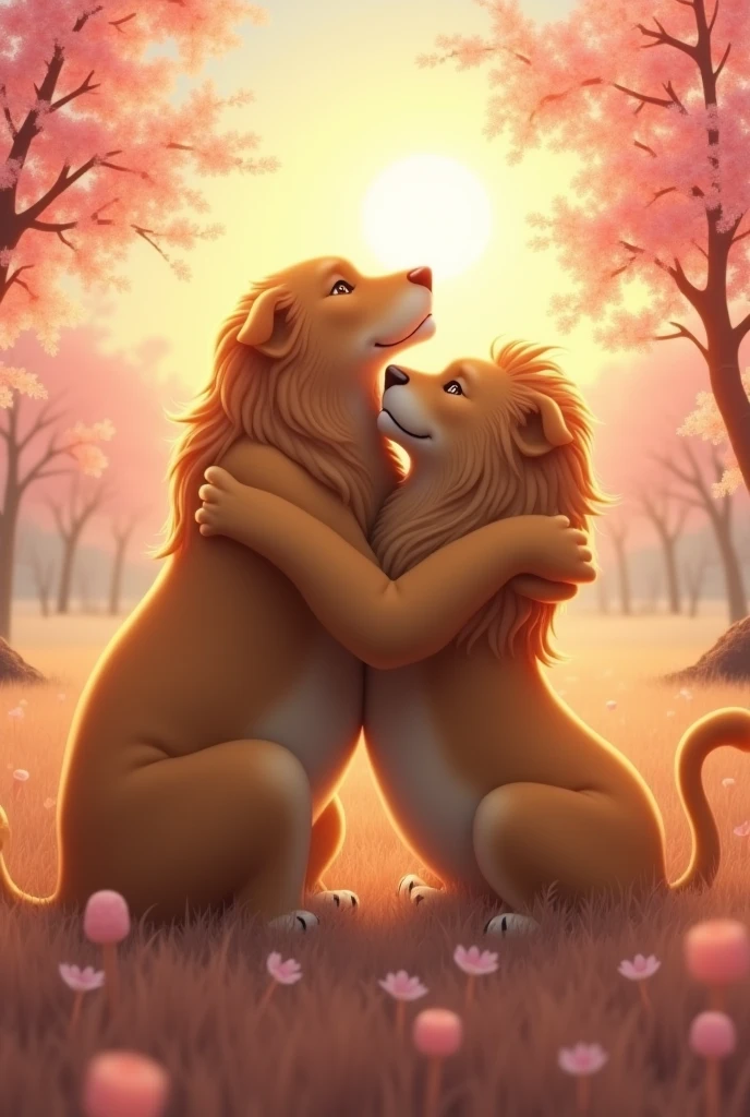 A Golden Retriever and a Lioness Hugging, korea in the middle of cherry trees at sunset