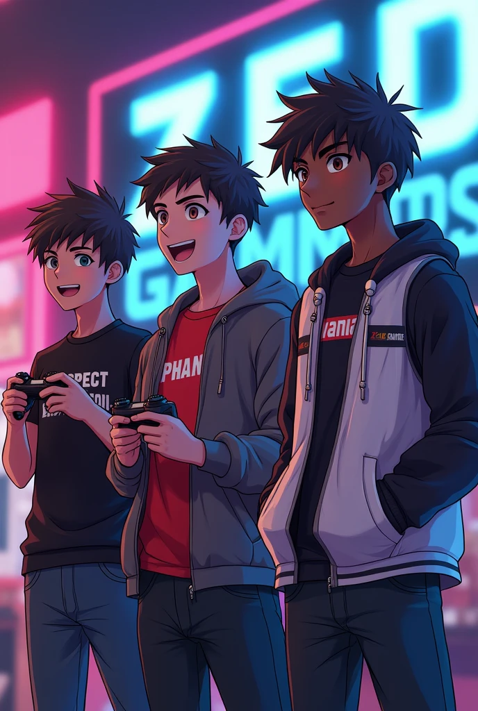 4 teenage boys,all 4 boys black skin, all wearing black skin jeans,one boy with a black t-shirt written ASPECT on it ,one boy in a grey hoodie written PHANTOM on it ,one boy with a red t-shirt written VANDA on it,one boy with a white vest written EVOLUTION on it,all boys with different hair styles ,a big poster saying Z.E.D GAMERS, each one holding game controllers, anime style 