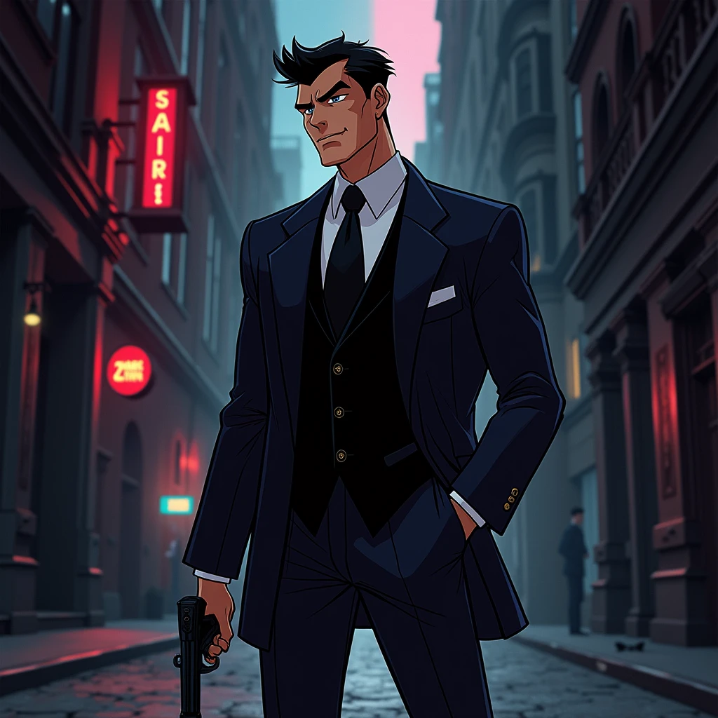Create a male Character in the animation style of the series "Carmen Sandiego" tall and dressed like a spy