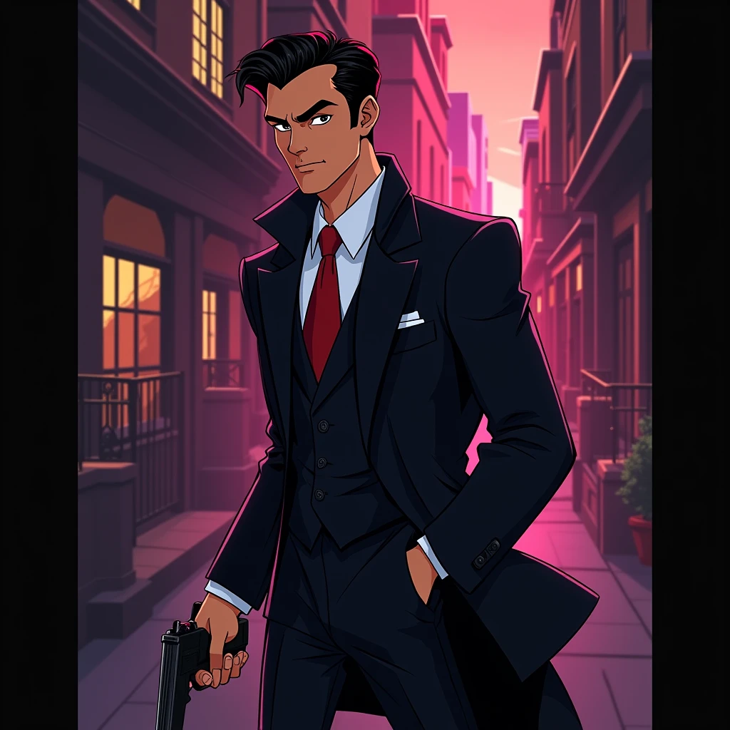 Create a male Character in the animation style of the series "Carmen Sandiego" tall and dressed like a spy