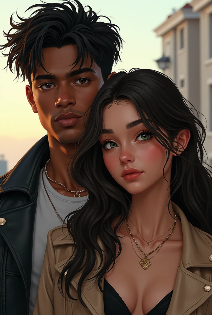Certainly! Here’s a description of Zarcheous and Alyana in their teenage years:

**Zarcheous:**
Zarcheous, at around , has a striking presence with a tall, athletic build. His skin is a deep white e, hinting at time spent outdoors. He has short, wavy black hair styled in a modern cut and intense, dark brown eyes that convey both confidence and depth. His facial features are sharp, with high cheekbones and a strong jawline. He typically wears casual yet fashionable clothes—like a fitted t-shirt and distressed jeans—complemented by a pair of sleek sneakers. His demeanor is both charismatic and slightly aloof, reflecting his self-assured nature.

**Alyana:**
Alyana, also 17, has a graceful and engaging appearance. She has long, straight hair that’s a rich, dark brown, often styled in a loose, effortless way. Her eyes are a striking green, full of curiosity and warmth. Her skin is fair with a hint of a natural glow. She favors a stylish, yet comfortable wardrobe, such as a flowy blouse paired with skinny jeans and ankle boots. Her posture is poised, and her demeanor is approachable and friendly, highlighting her balanced blend of elegance and ease.