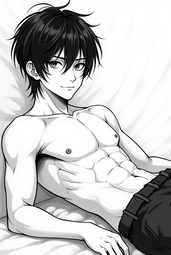 Create an image from a drawing( sketch) of a handsome man in his 20s , with a prominent look, with closed lips ( but with a slight smile) that your hair is medium straight with bangs that reach your eyes( but you can see his gaze , that his whole body is visible and that he is without clothes , If possible, he should be on his side and his muscles should be visible. ( that has good physique) that the shadows and lights are noted , that can be seen almost up to the knees , and that it is black and white more ,young and so long hair