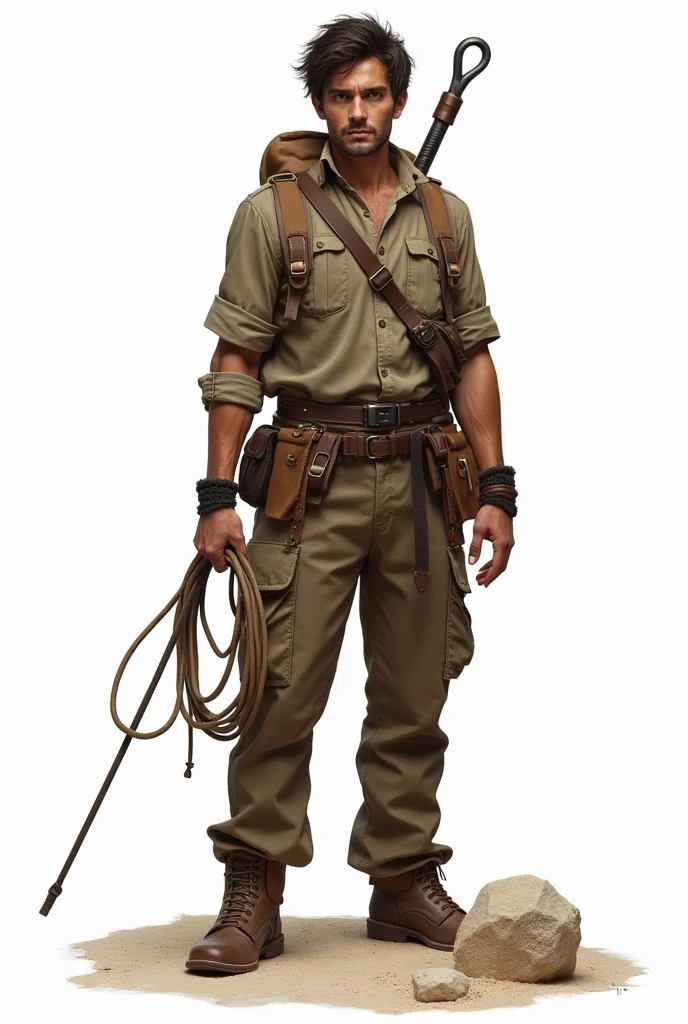 A young archaeologist in realistic style, who is standing with a whip on a white background, he doesn't have a beard and he's kind of ugly