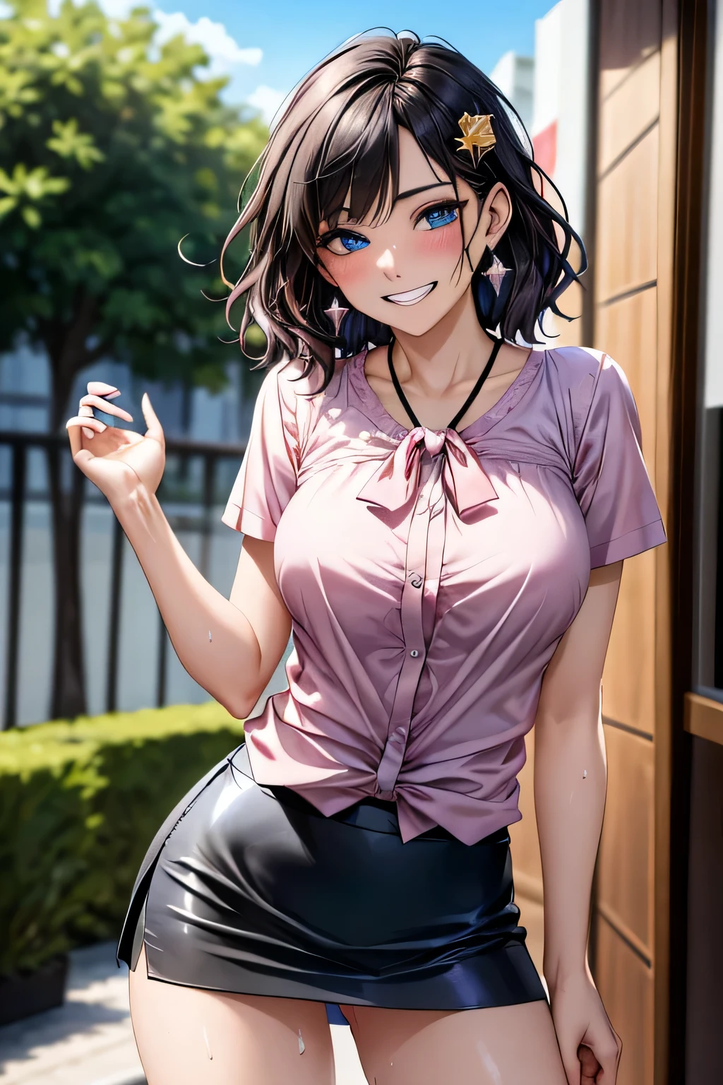 ((((masterpiece, Highest quality, High resolution)))), Extremely detailed 8K, Beautiful with a voluptuous body, (ultra HD, Very detailed, Very detailed, Very realistic, ultra-realistic, Photo Real), (One Woman:1.5), beautiful, Very detailed顔, fine grain, (eyelash), double eyelid, grin,(Realistic black hair), (Short Wavy Hair, hair ornaments, Earrings), (Dynamic pose), To the camera, View your viewers, (Blushing, Embarrassing, smile), (Sharp eyes), (Large firm breasts:1.2), (Beautiful detailed face, Beautiful attention to detail), ((blouse, Tight mini skirt)), (detailed pussy), (stand up), Sweat, Shine, (Sunbeam, sunlight), ((Cowboy Shot)), hotel, Fascinating