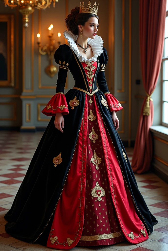 I want you to create a sketch of a dress inspired by the Queen of Hearts, with a style that mixes medieval and princess elements, suitable for a gala event. The dress will have details that refer to the theme of Alice in Wonderland, with colors characteristic of the Queen of Hearts, like red, black, white and gold and details that are simple but striking