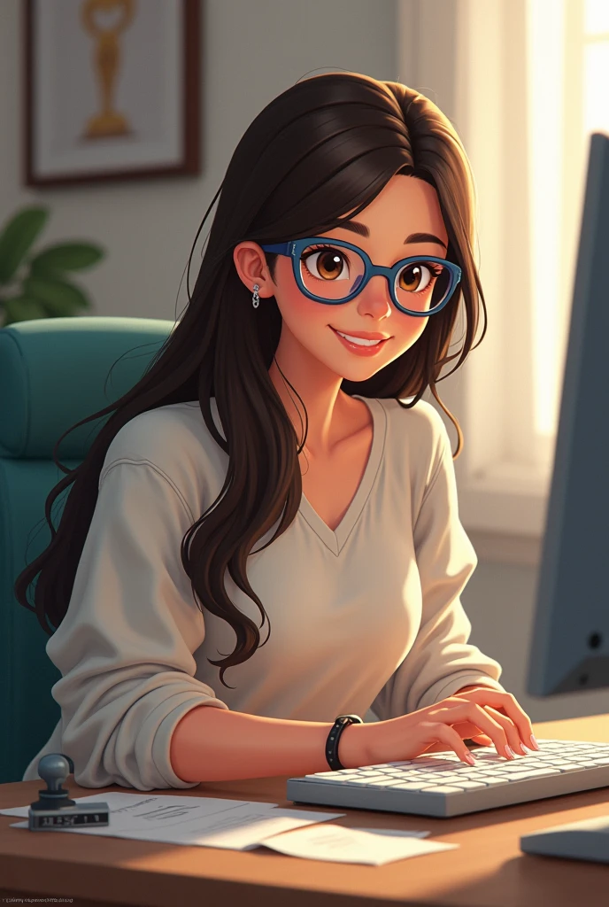 A brunette woman, with long dark brown hair parted on the side, wearing reading glasses with a half-rectangular frame in blue and black, with small dark brown eyes , with thick and well-defined eyebrows, with a round face and big cheeks, square jaw, wearing casual clothes, working on a computer, happy and satisfied facial expression with what you do at work, holding a stamp in one hand