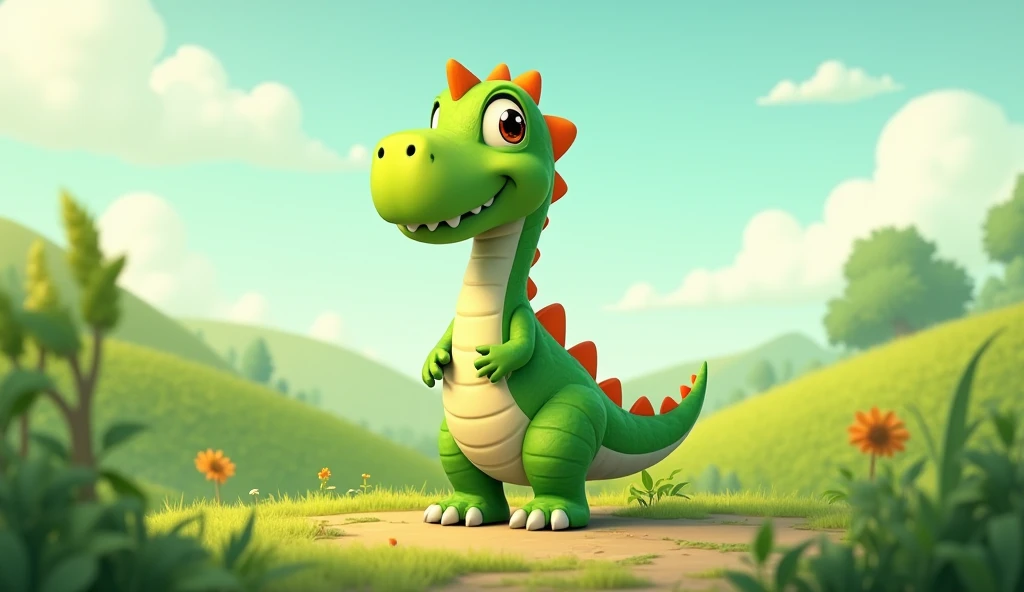 cute green dinosaur in 8k with friendly and confident face for kids with landscape mode background