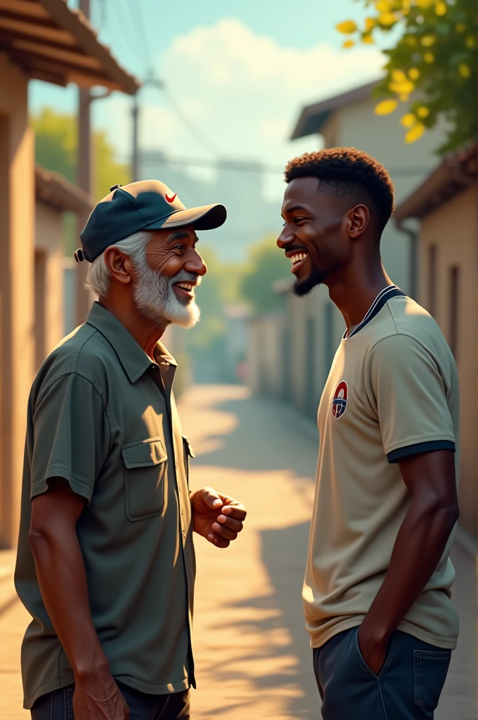 An elderly African American man wearing a Nike cap talking happily with Mbappe