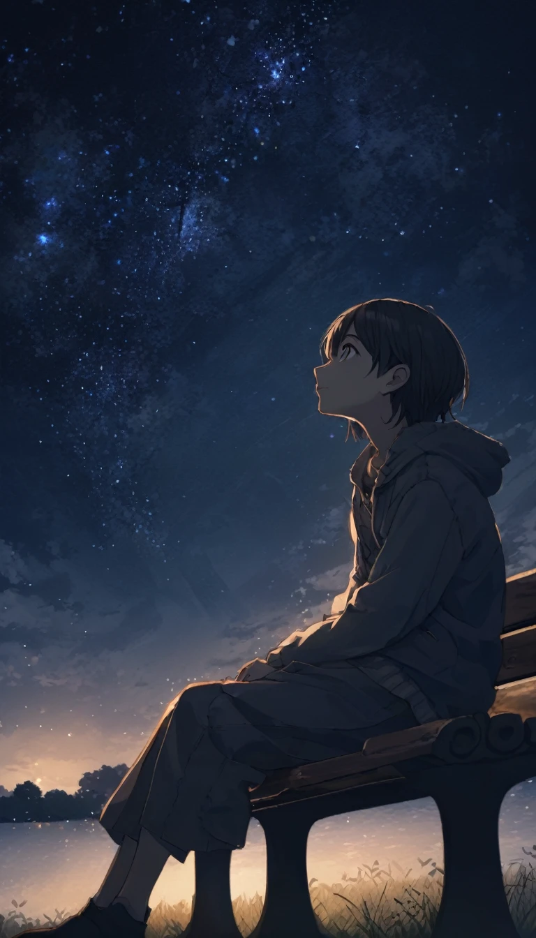 (((Sitting on a bench looking up at the night sky:1.37、Sitting on a bench looking up at the night sky:1.2、Looking at the night sky:1.37、A little dark)))、one person&#39;s、Extremely delicate facial and skin texture、White Summer Knitwear、Black long skirt、Everyday Scenes、Pleasant sunshine、In perfect harmony with nature、relaxation、(((A dignified summer night sky、Full of stars、milky way、一筋のshooting star、shooting star:1.7)))、Young people、、Highest quality、masterpiece