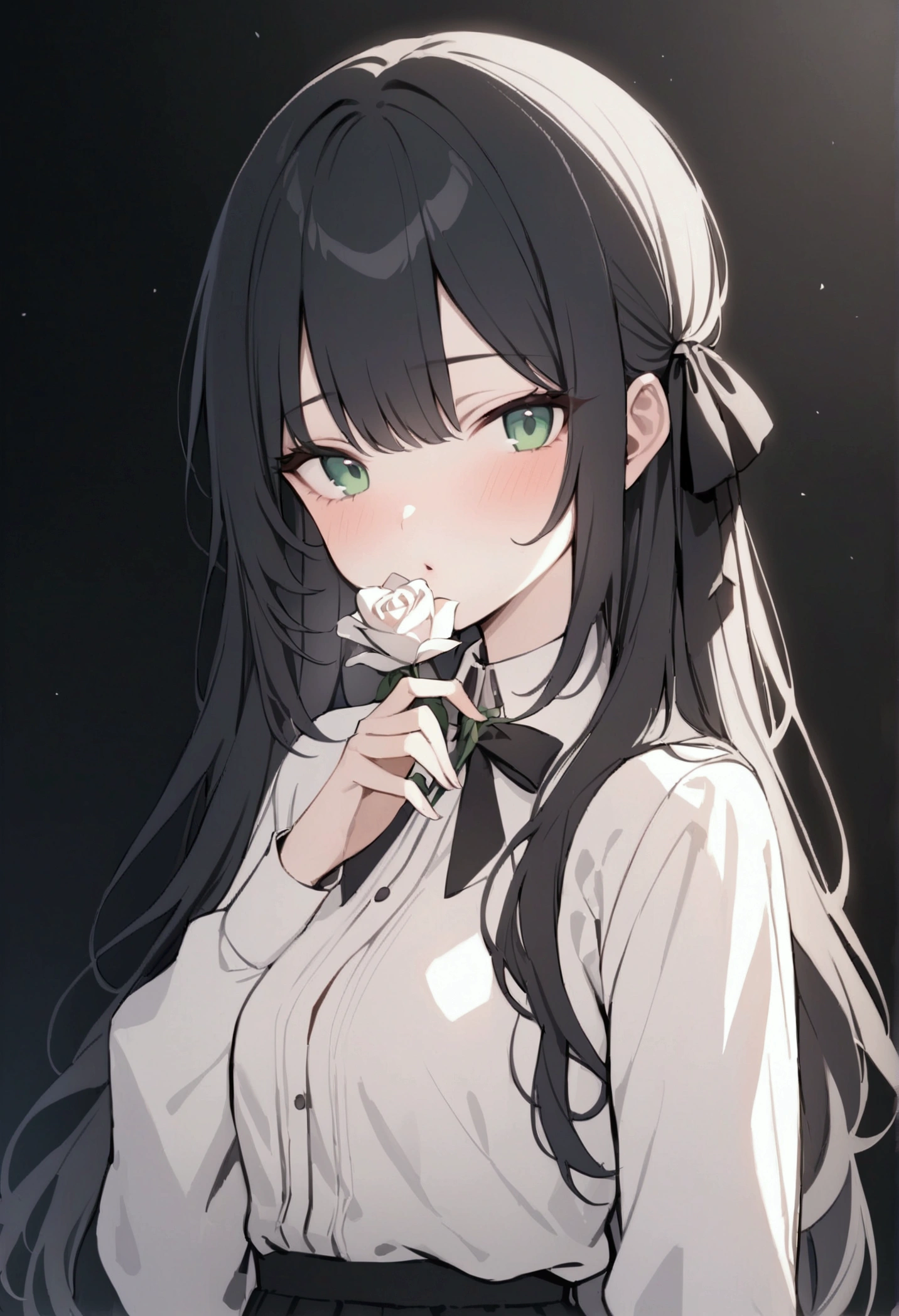((masterpiece, best quality)),best aesthetics,1 girl, alone, long hair, Black skirt, flower, ribbon, black background, black hair, Rose, hair ribbon, Green eyes, Long sleeve, white Rose, Keep your mouth shut, black ribbon, Upper Body, movie lighting