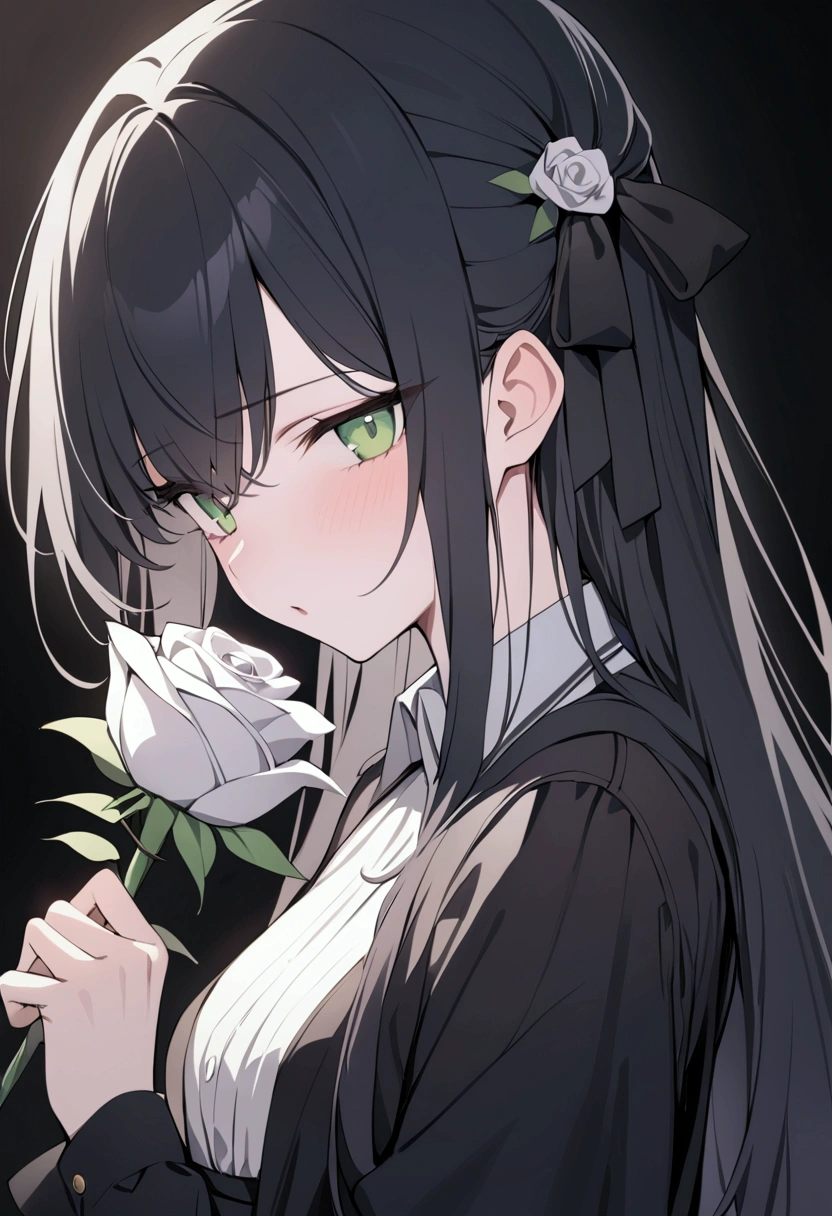 ((masterpiece, best quality)),best aesthetics,1 girl, alone, long hair, Black skirt, flower, ribbon, black background, black hair, Rose, hair ribbon, Green eyes, Long sleeve, white Rose, Keep your mouth shut, black ribbon, Upper Body, movie lighting
