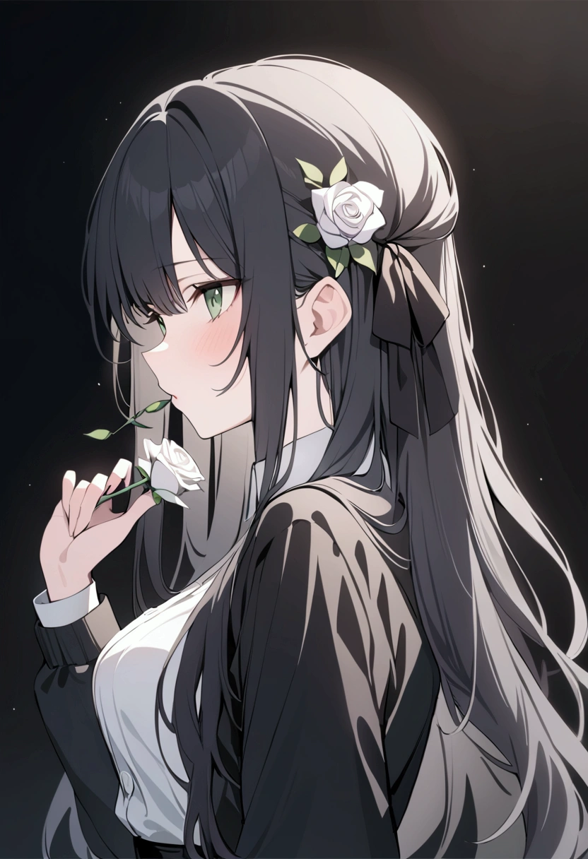 ((masterpiece, best quality)),best aesthetics,1 girl, alone, long hair, Black skirt, flower, ribbon, black background, black hair, Rose, hair ribbon, Green eyes, Long sleeve, white Rose, Keep your mouth shut, black ribbon, Upper Body, movie lighting