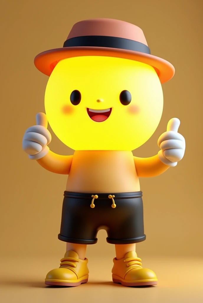 make me a 3D lamp as a mascot for a lighting store, I want a lamp with arms giving thumbs up and legs and wearing black shorts, with yellow shoes and the lamp has to have a cute smiling face, with hat