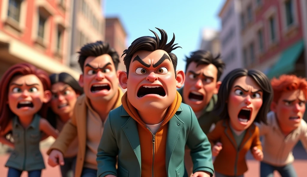 Im Stil von Pixar 3D-Animation filmen. A small group of angry people.