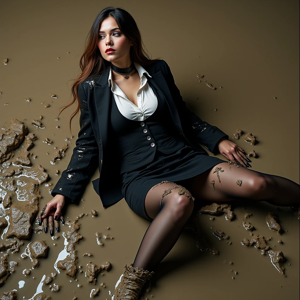 A super realistic photo of one business goth lady, exuding a slender, model-like appearance with long hair. She is dressed in a long and black and torn and ripped business pencil skirt made from cotton and wool fabric, black and muddy and torn business jacket made from cotton and wool fabric. black business vest, white muddy shirt, torn stockings, black choker on the neck. She located in very muddy and very flooded field. She sitting on her backs in flirtatious and vulgar pose deep in the water and liquid mud, dips her head in the liquid mud and very tears her clothes and gets stuck in mud, but fully clothed in business skirt suit, she smear a lot of liquid mud on own clothes and torn it by hand. The chunks of her tired clothes is lie on the mud water crumpled and muddy. All her clothes is dirty, torn, ripped and sloppy, her skirt and jacket are very stained in a liquid mud and dirt. She look like have played in mud in a large swamp with brown liquid mud, her clothes covered with liquid mud from head to toe. The studio light brilliantly illuminates all her clothes in details, casting small shadows and emphasizing the texture of the mud on her clothes. Please focus on stains of liquid mud on her clothes. View angle of the camera from top and from backs of the business lady and rotated left.,
