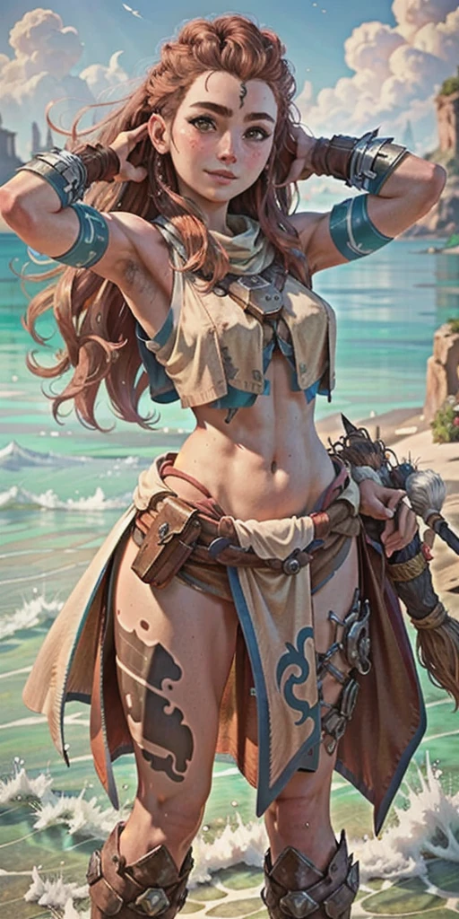 AloyHorizon, solo, 1girl, long hair, smile, brown hair, hair ornament, navel, brown eyes, weapon, braid, outdoors, parted lips, sky, day, midriff, red hair, armor, blue sky, lips, looking to the side, tattoo, ocean, looking away, thick eyebrows, shoulder armor, freckles, showing armpits and pussy half naked. Big breast. (((showing armpits and pussy half naked))) shaved armpits. 