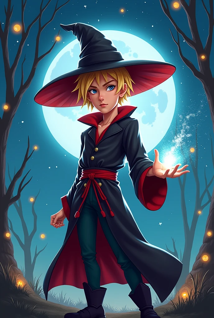 Young male wizard, blonde hair shaved on the sides, wizard hat, with black and red clothes , night scene, style cartoon.