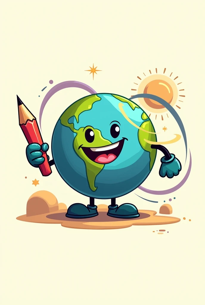 Smiling planet logo , cartoon type cuphead with a pencil making a colored stroke around him