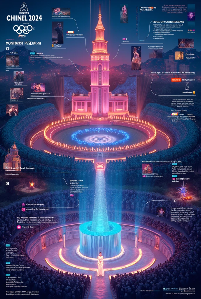 A mind map about the 2024 Olympics from the part that is in the conciergerie with the following topics: which singers and music were used and for what purpose, What are the objectives of this part of the opening?, How was this part of the opening made and what were the colors of this part of the opening??