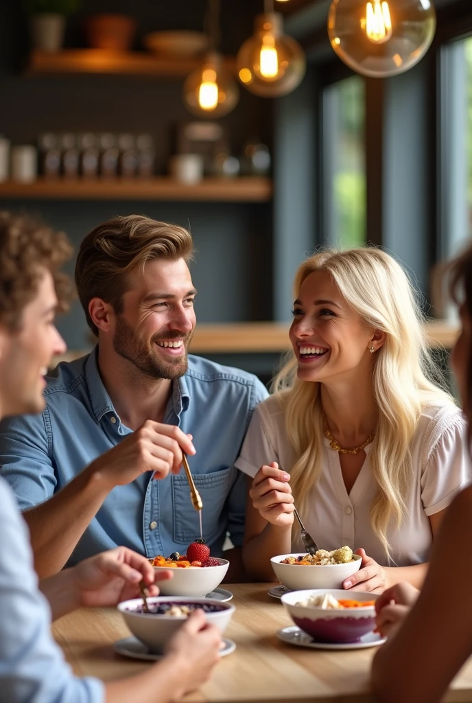 Realistic man and wife , At the acai shop ,blonde hair eating acai , with friends Ultra HD, high qualiy, best qualityer, high resolution, 8k, 16K