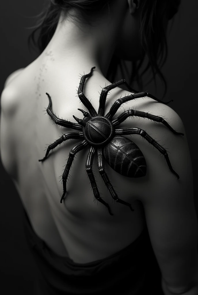 Tattoo of a spider climbing on the right side of the back in a dark style. Smaller. 