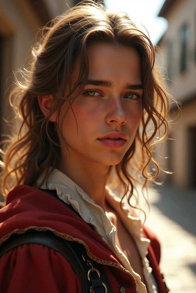 best qualityer (absurderes, details Intricate, work of art, best qualityer, high resolution, 8k), (light skinned male teenager with long light brown hair) (真实感), (musketeer clothes), (seducing gaze), (fully body) )details Intricate, face detailed, volumetric lighting, bright sunny, plein-air, medieval streets