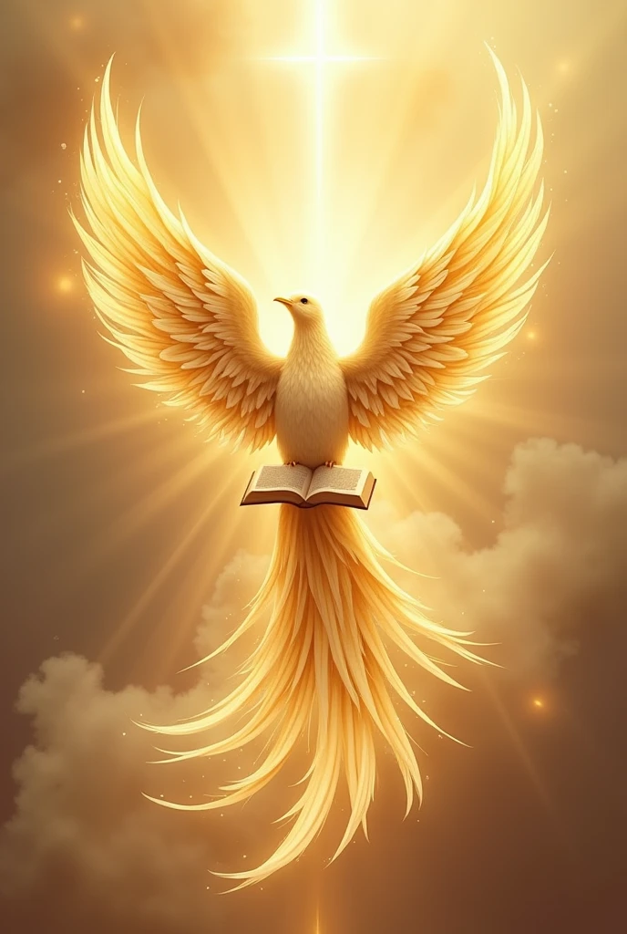 logo that is a house of prayer, baptism in the Holy Spirit, where a golden dove with a long tail forms a path and has an open bible