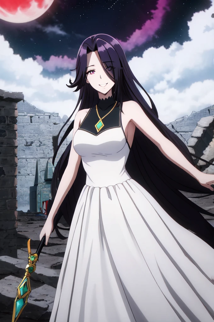 ((masterpiece, high quality, best quality, highres)):1.2, old castle,  smile, looking at viewer, 
white and Gold embroidery dress, Gorgeous dress,Aurora,  masterpiece ,battle,Obsidian Necklace,close to camera,midnight,red moon,stardust night,shooting magic 