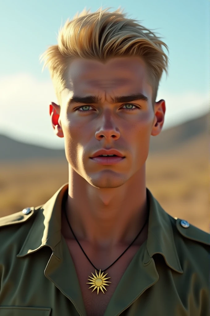 create the image of a young military man with blond hair and blue eyes with a sun necklace around his neck