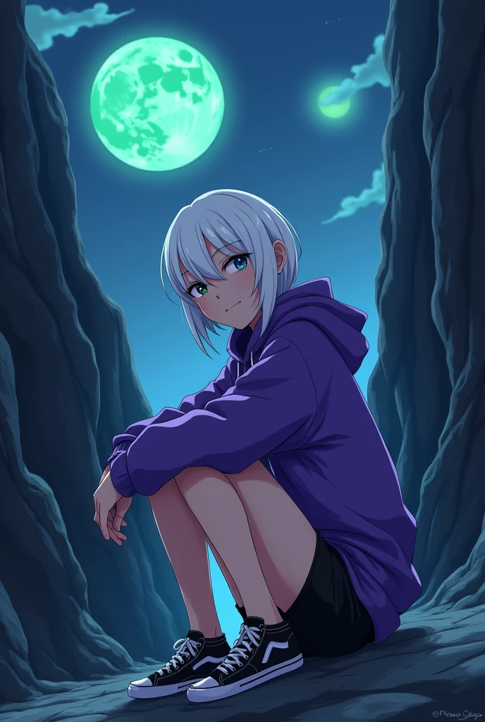 anime style, young adult woman, with blue right eye and green left eye, short white hair.
The image shows a melancholic aura.
sitting in a ravine.
He is wearing black shorts, an oversized purple hoodie and black tennis shoes.
In the background there are 2 moons( one blue and one green).