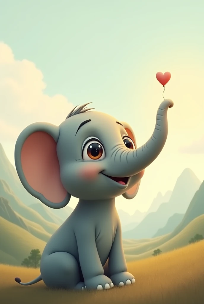 2d, Simple and cute, with gentle colors like a picture book , 8k, Highest quality,cute,Big anime eyes,An elephant gazing at the distant mountains、彼のdreamと前途の困難を象徴している(image: elephant, Distant Mountain, dream)
