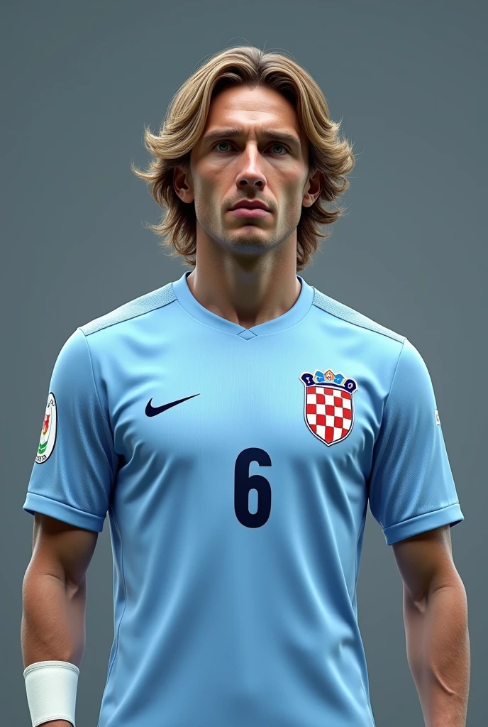 luka modric with light blue shirt number 6 what does the name belloso say