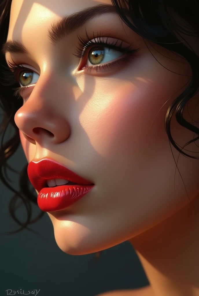 Woman lips looking to the side sexy painted with sexy highlights realistic painting