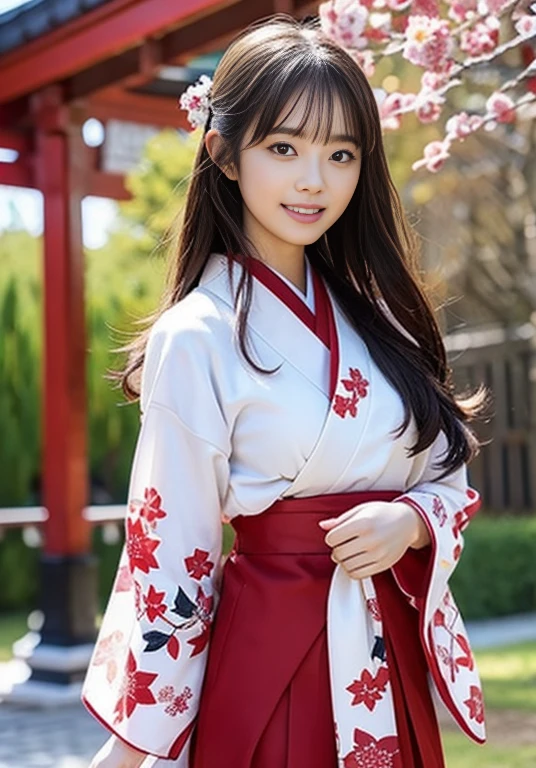shrine、Clear winter weather、Leaves falling off the trees、Snow Scene、Plants covered in snow、Japanese Clothing、Plain white kimono、Skirt portion is red、Shrine maiden、Standing in front of the torii gate with the shrine behind、 Sakimi-chan,, Nice and cute, An innocent smile, , nice smile, sakimi-chan hdri、、,(A big bust that seems to burst:1.20),(Beautiful Big 1:1)、Brown Hair、Brown Hairの髪、Beautiful Eyes、