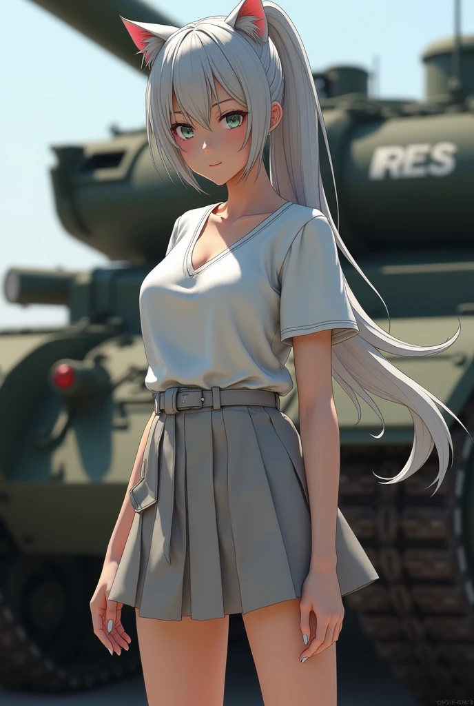 In a realistic 3DCG style、Please draw a 25 year old woman with average facial features of a Japanese female idol.。She has cat ears and long silver hair tied in a ponytail.、She is wearing a white V-neck T-shirt and skirt。From a slightly distant perspective, you can see the whole body.、It depicts a powerful figure standing with its legs apart.。In the background is a tank equipped with a large, realistic main gun.、The tank had『res』It is written that。Please realistically express scenes that highlight the character's determination and strength.。