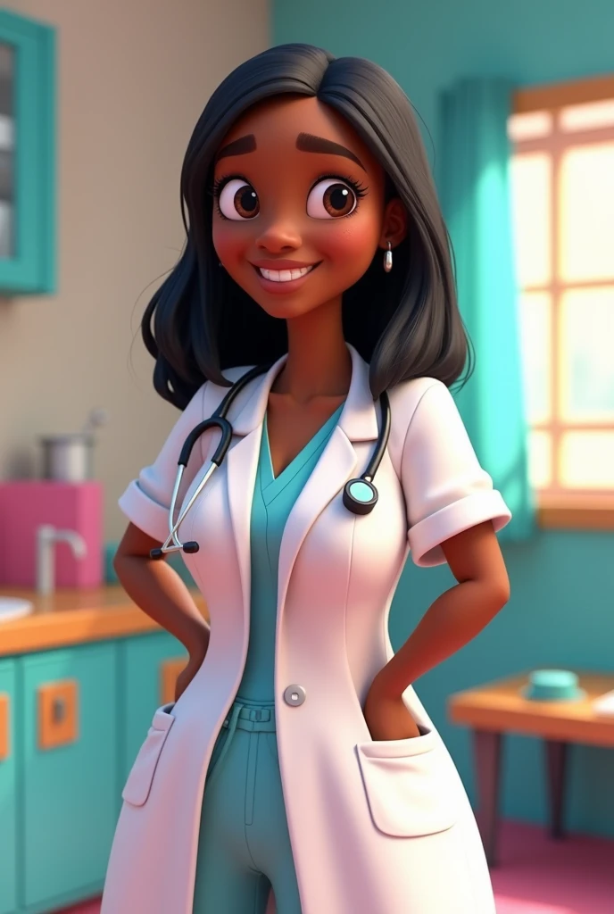 Animated Pixar image black skin doctor, black straight hair parted in the middle, not so skinny flirty medical gown